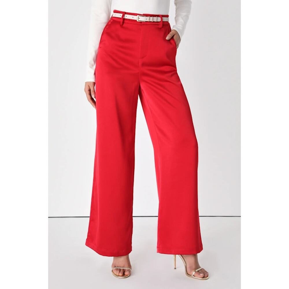 NWT Lulus Modern Approach Red Satin Wide-Leg Pants Party Holiday Luxury Size M